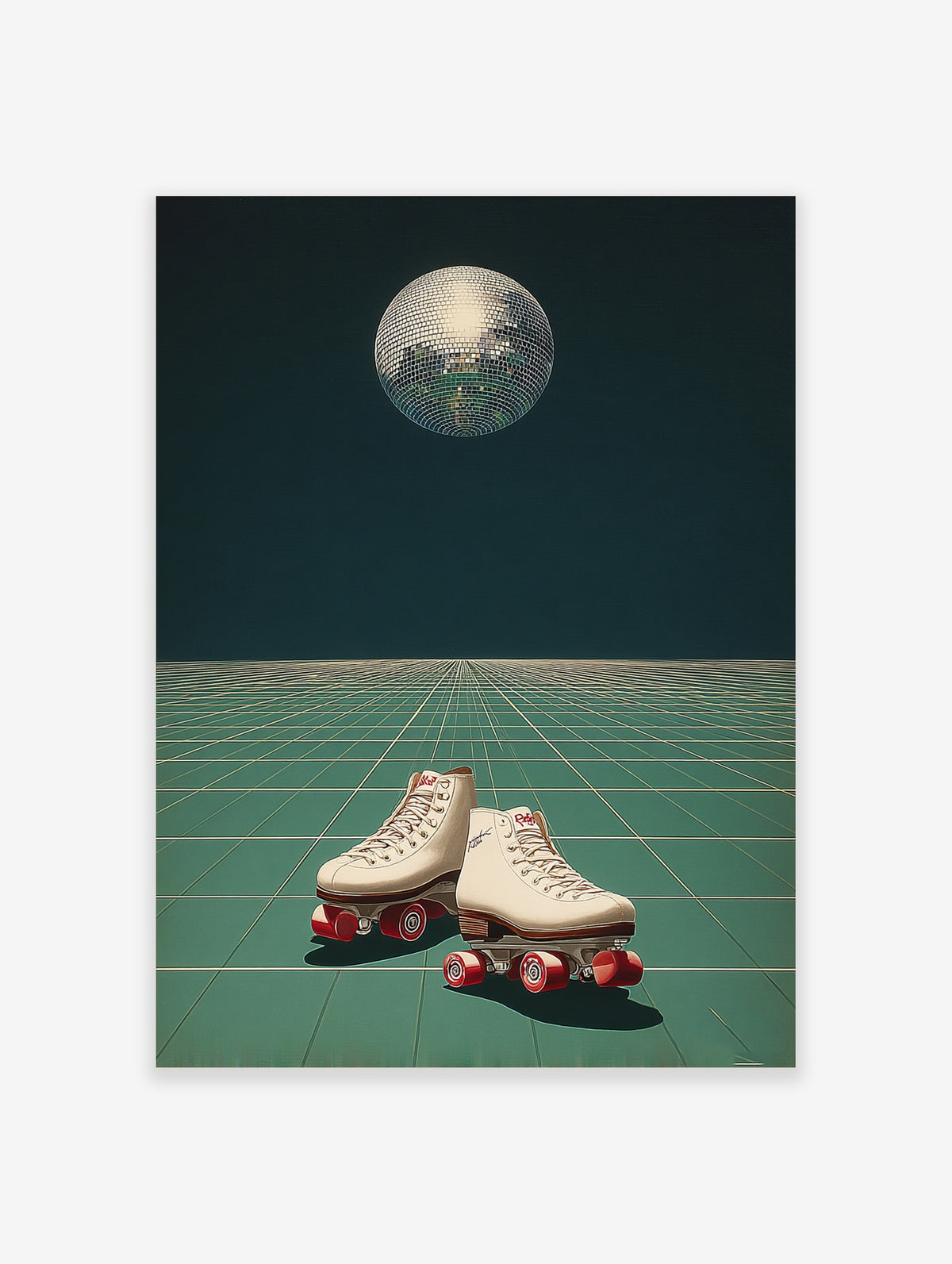 Disco ball above white roller skates with red wheels on a green grid floor retro poster