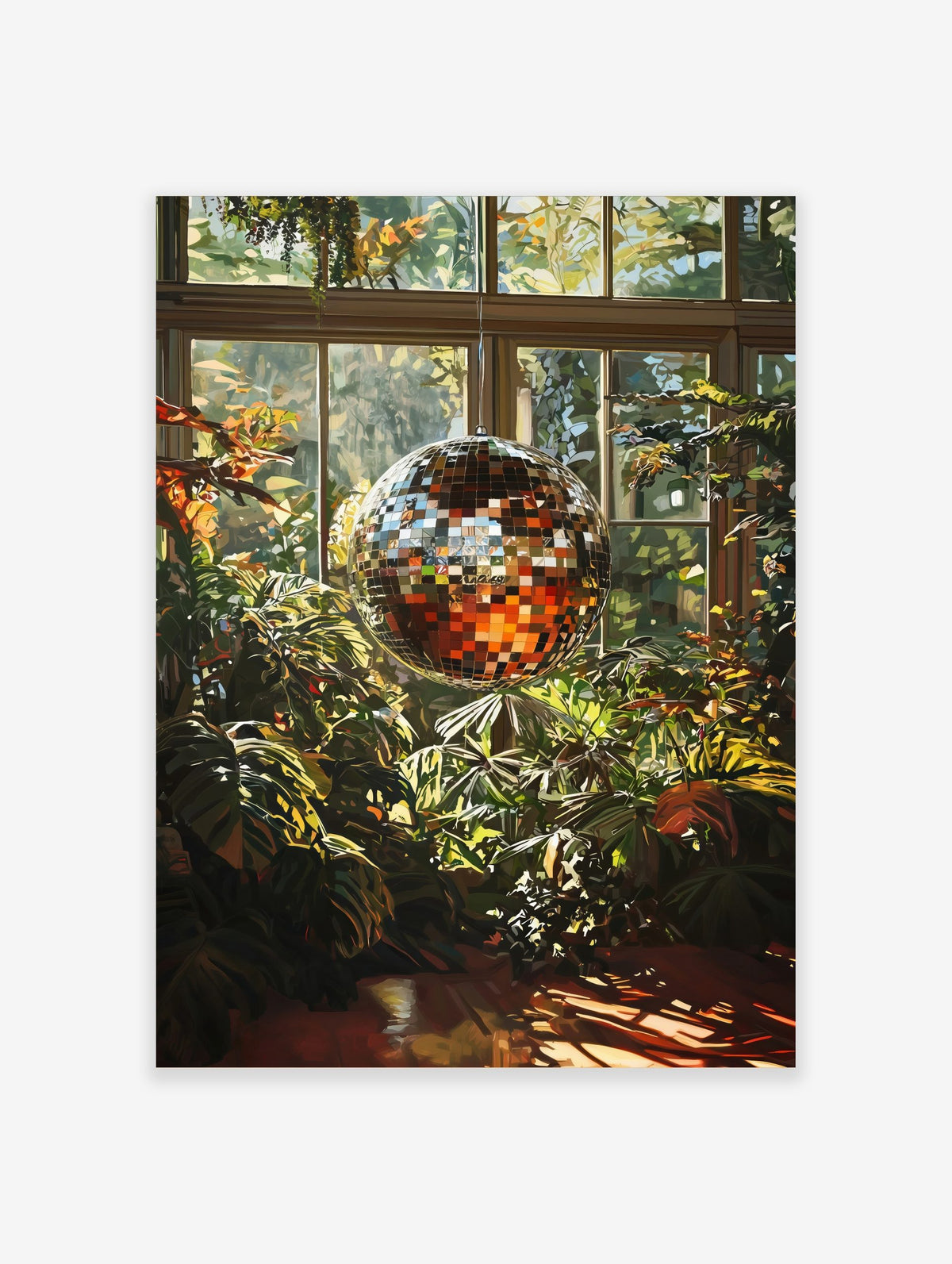 Illustrative print of a shiny disco ball among green and orange plants in a sunlit conservatory with windows