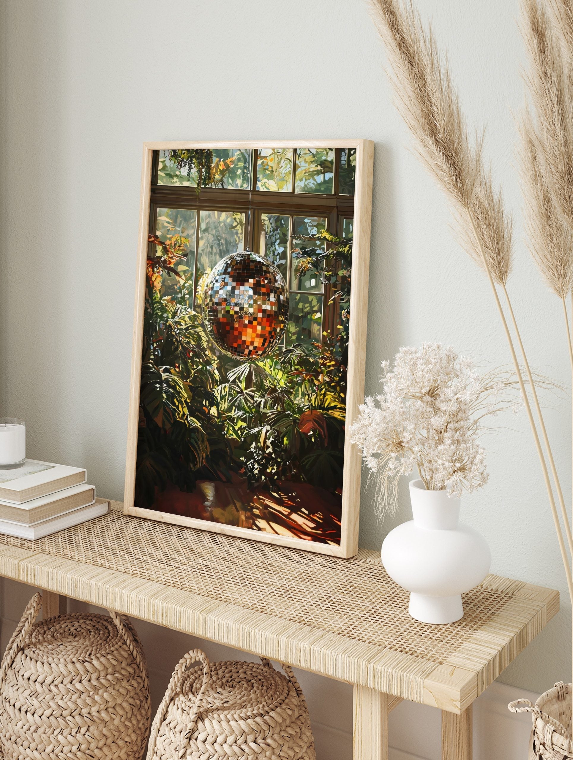 Illustrative print of a shiny disco ball among green and orange plants in a sunlit conservatory with windows, in an