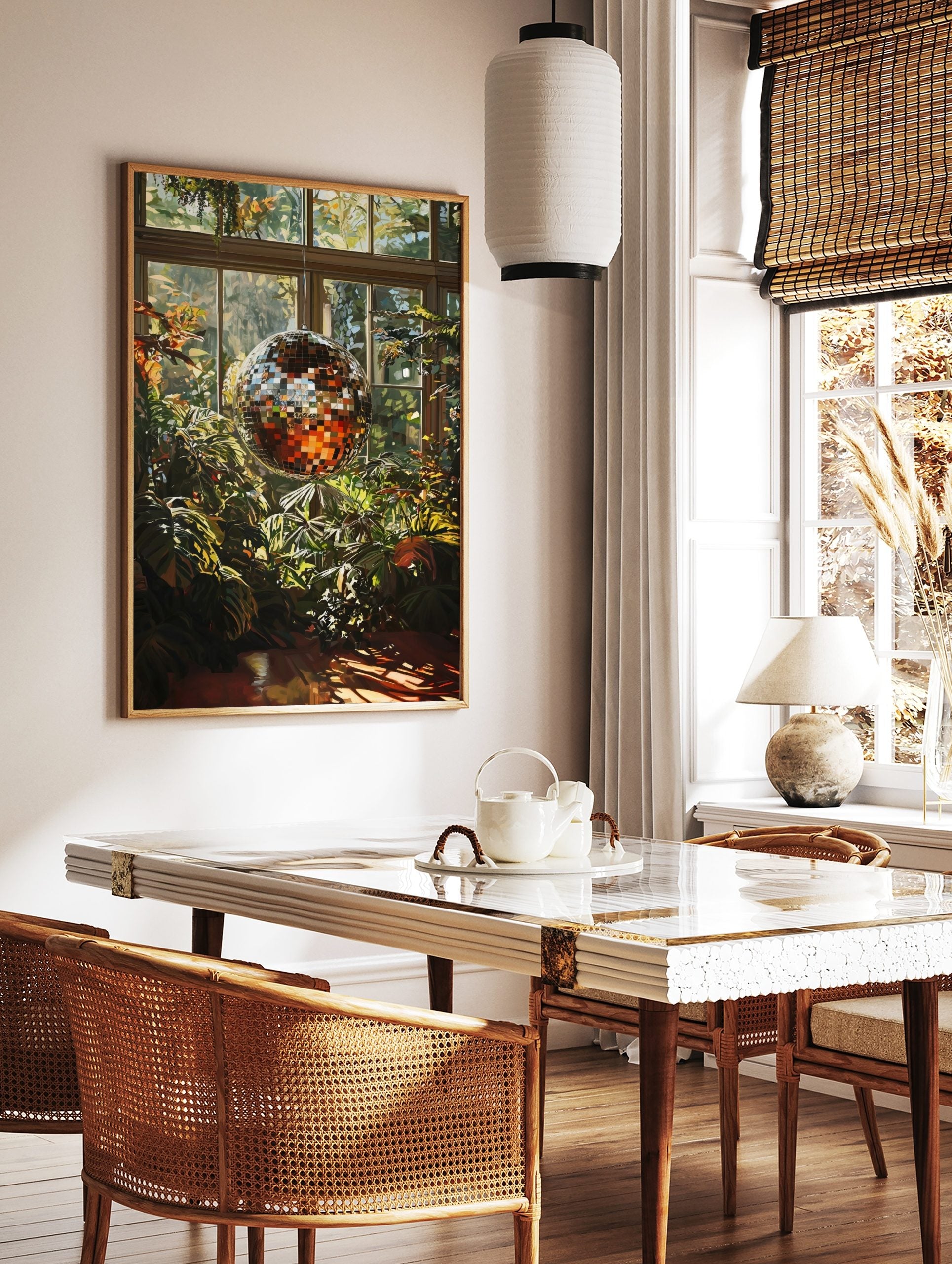 Illustrative print of a shiny disco ball among green and orange plants in a sunlit conservatory with windows, in a styled