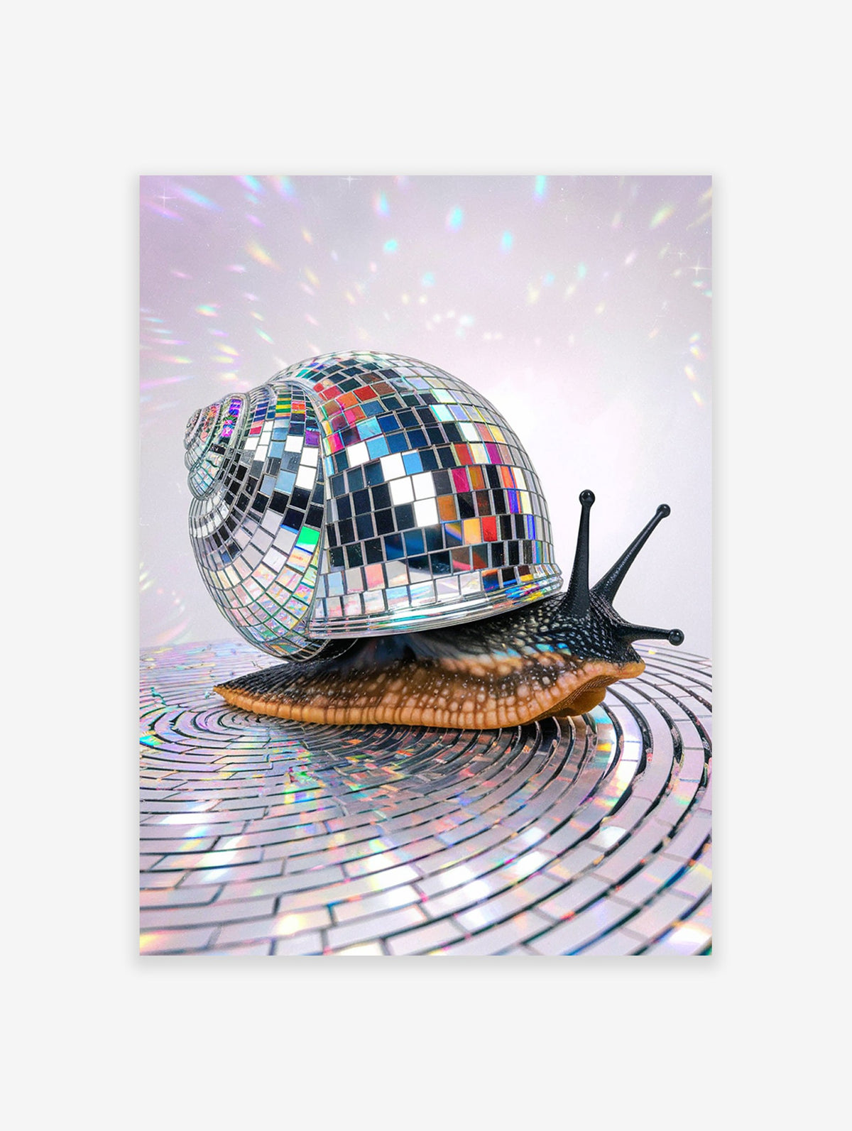 A disco snail poster featuring a snail with a shimmering mirror ball shell on a reflective surface with colorful light reflections.