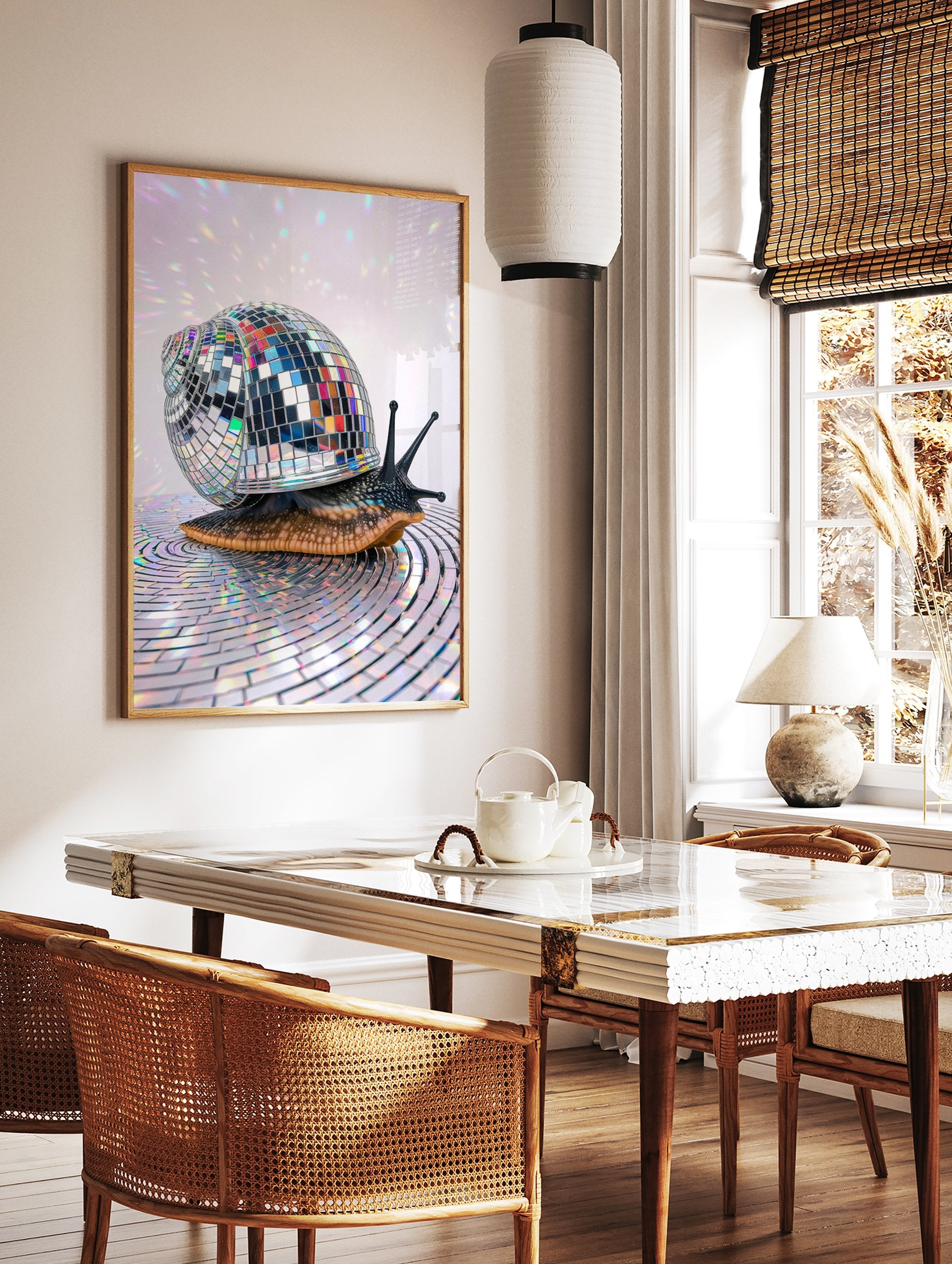 A disco snail poster featuring a snail with a shimmering mirror ball shell on a reflective surface with colorful light reflections. - Image 2