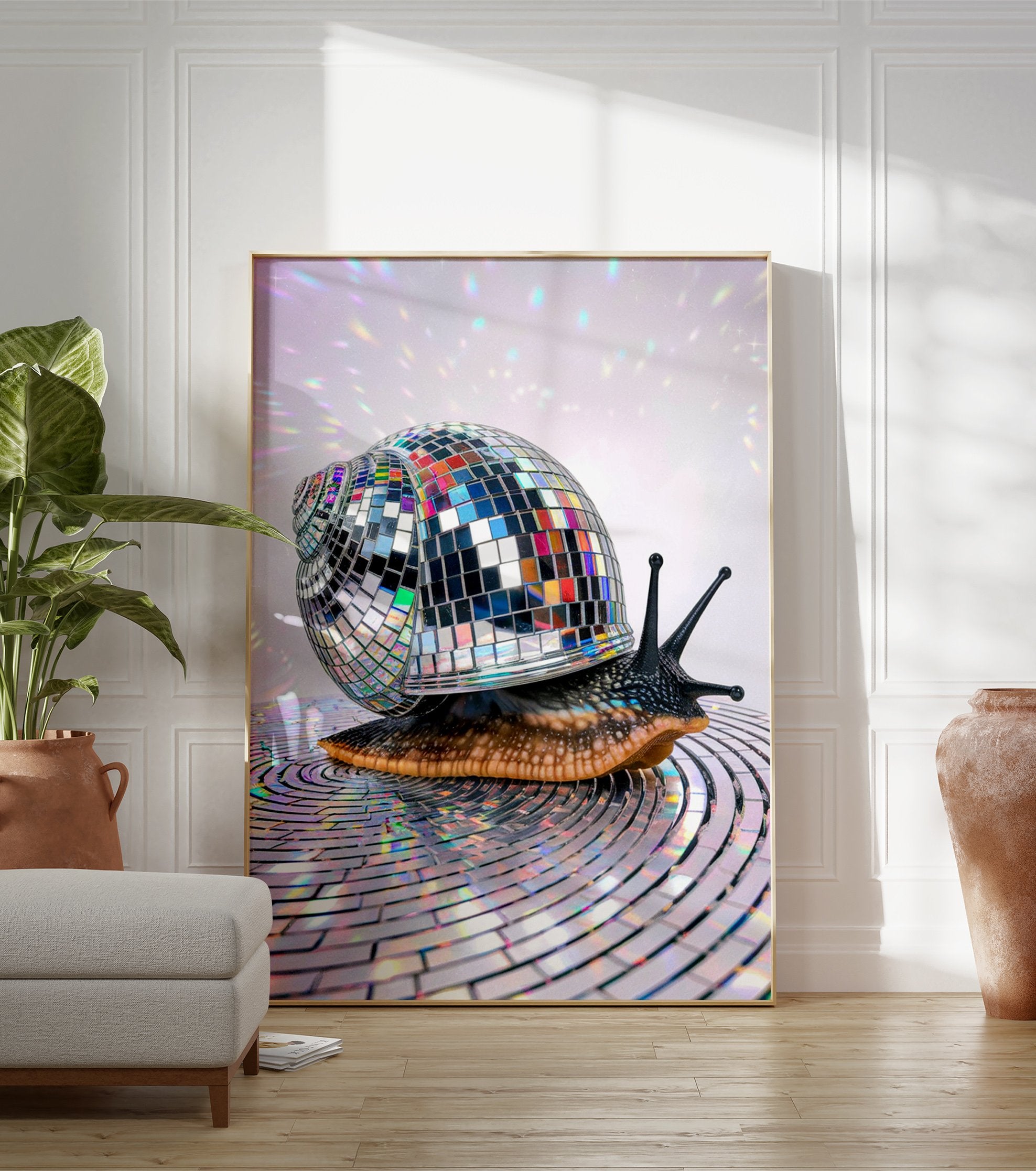 A disco snail poster featuring a snail with a shimmering mirror ball shell on a reflective surface with colorful light reflections. - Image 3