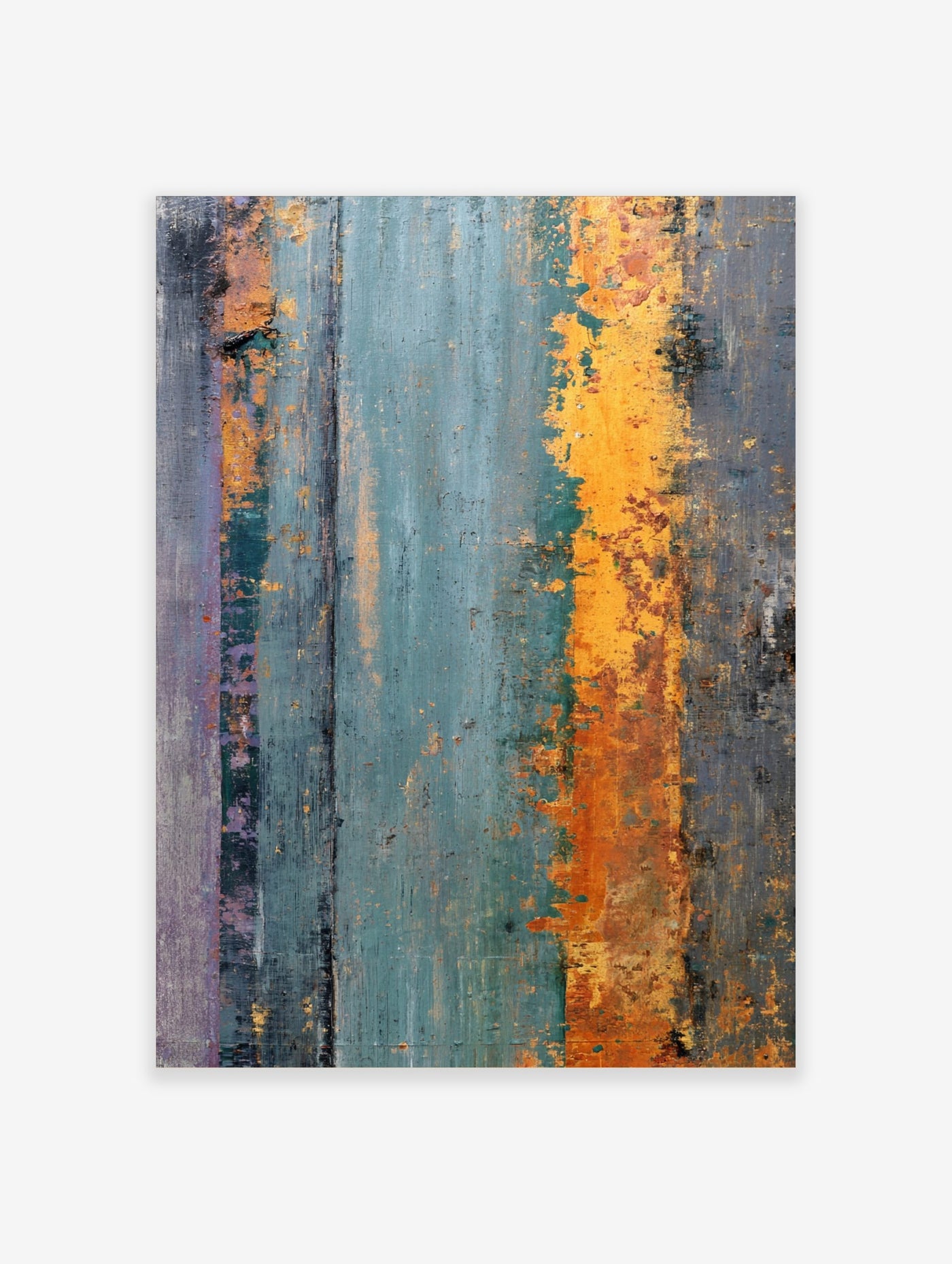 Abstract wall art with distressed vertical stripes in teal, orange, grey, and purple textured hues