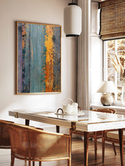 Abstract wall art with distressed vertical stripes in teal, orange, grey, and purple textured hues, in a styled room mockup