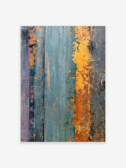 Abstract distressed texture wall art with vertical bands of weathered teal, vibrant orange, and grey