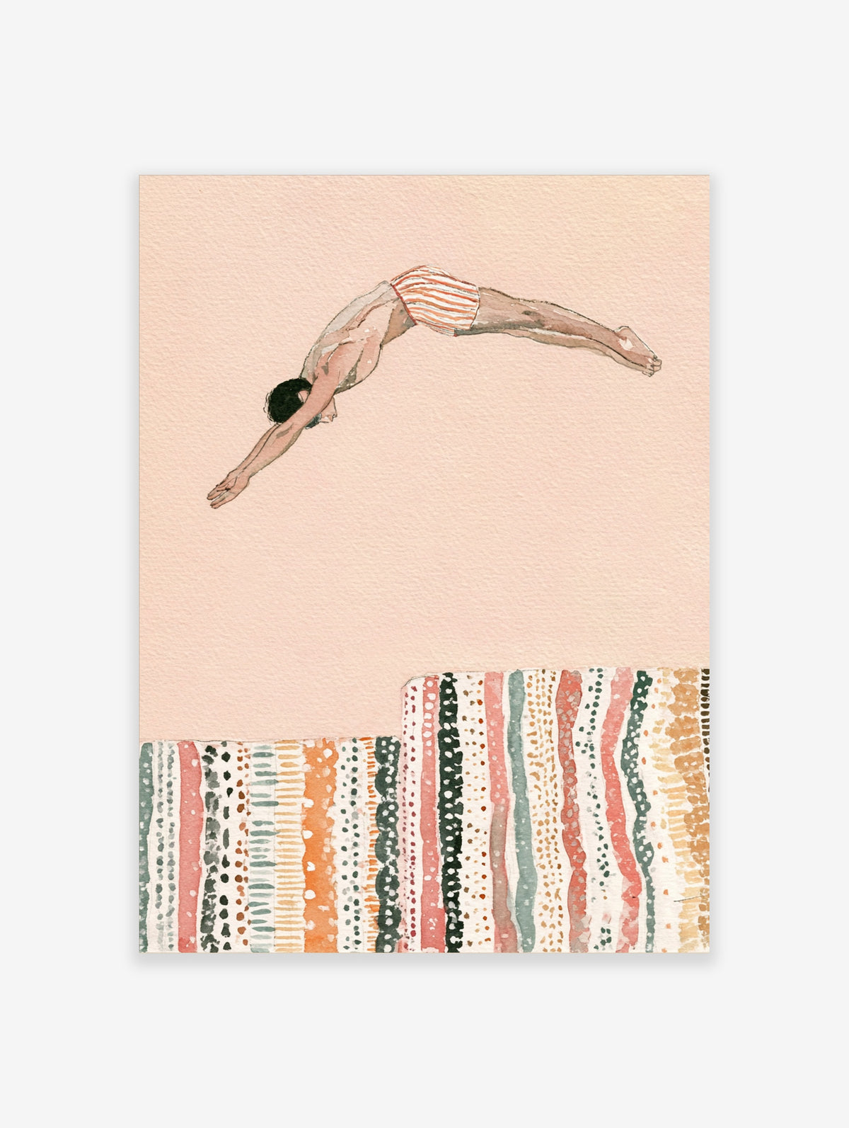 Watercolour diver in striped trunks mid-dive above patterned stripes on peach background