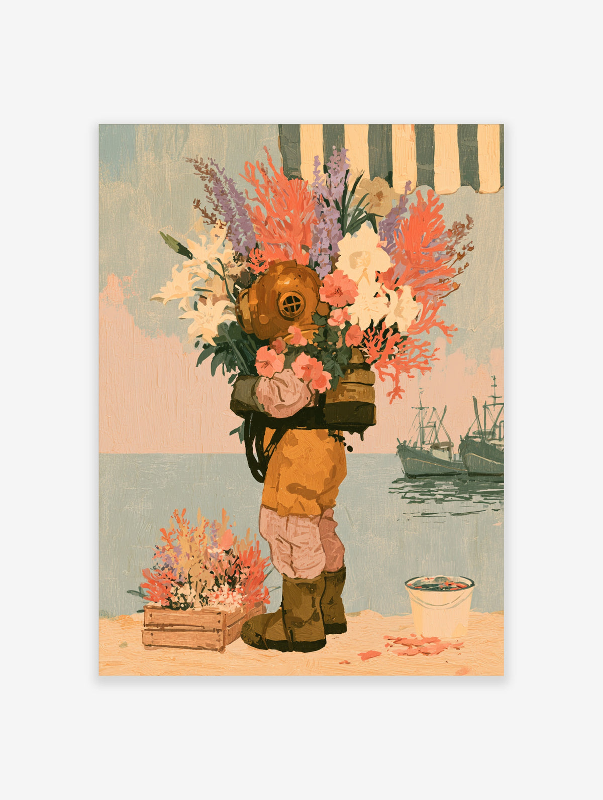 Surreal coastal poster of a diver in a brass helmet holding a coral bouquet, with boats and pastel sky