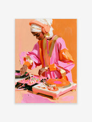 Modern illustration of a DJ with a headscarf mixing music on a turntable in vibrant orange and pink tones