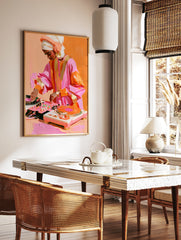 Modern illustration of a DJ with a headscarf mixing music on a turntable in vibrant orange and pink, in a styled room mockup
