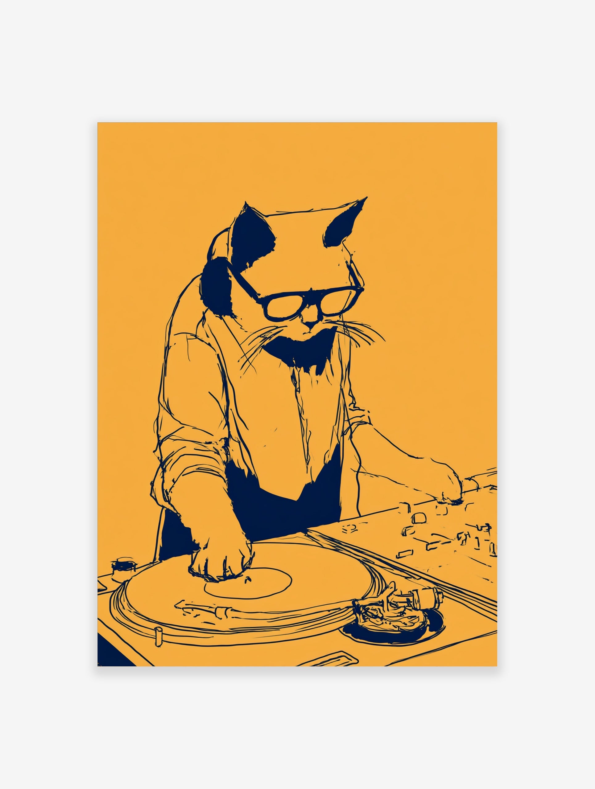 Stylized DJ cat illustration wearing glasses and headphones, spinning vinyl on a turntable, blue line art on orange