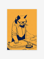 Stylized DJ cat illustration wearing glasses and headphones, spinning vinyl on a turntable, blue line art on orange