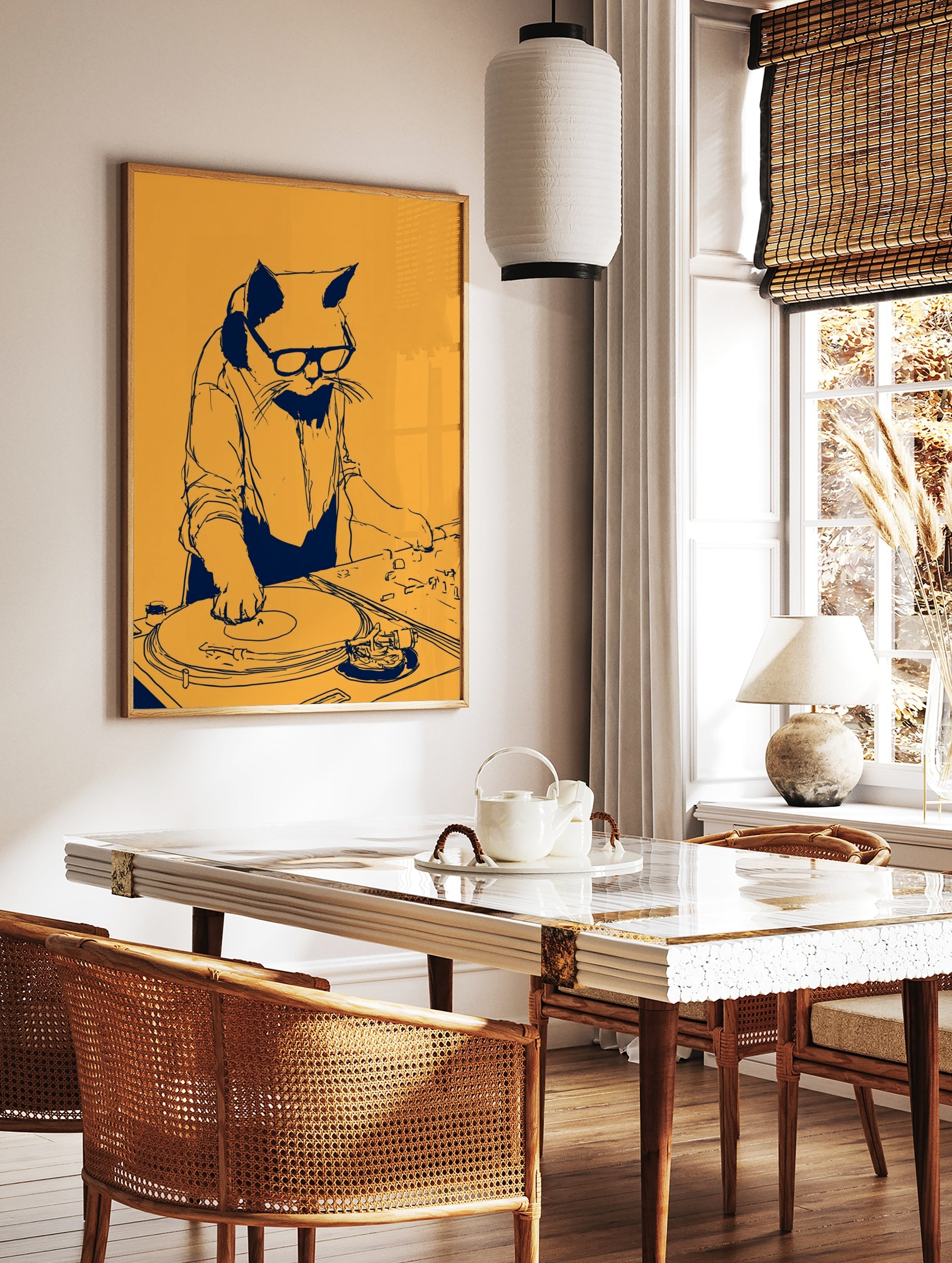 Stylized DJ cat illustration wearing glasses and headphones, spinning vinyl on a turntable, blue, in a styled room mockup