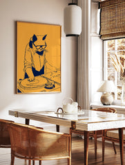 Stylized DJ cat illustration wearing glasses and headphones, spinning vinyl on a turntable, blue, in a styled room mockup