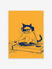 Illustrative art print of a cat wearing headphones and glasses, DJing on a turntable, with dark blue lines on yellow
