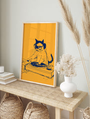 Illustrative art print of a cat wearing headphones and glasses, DJing on a turntable, with, in an alternate framed mockup