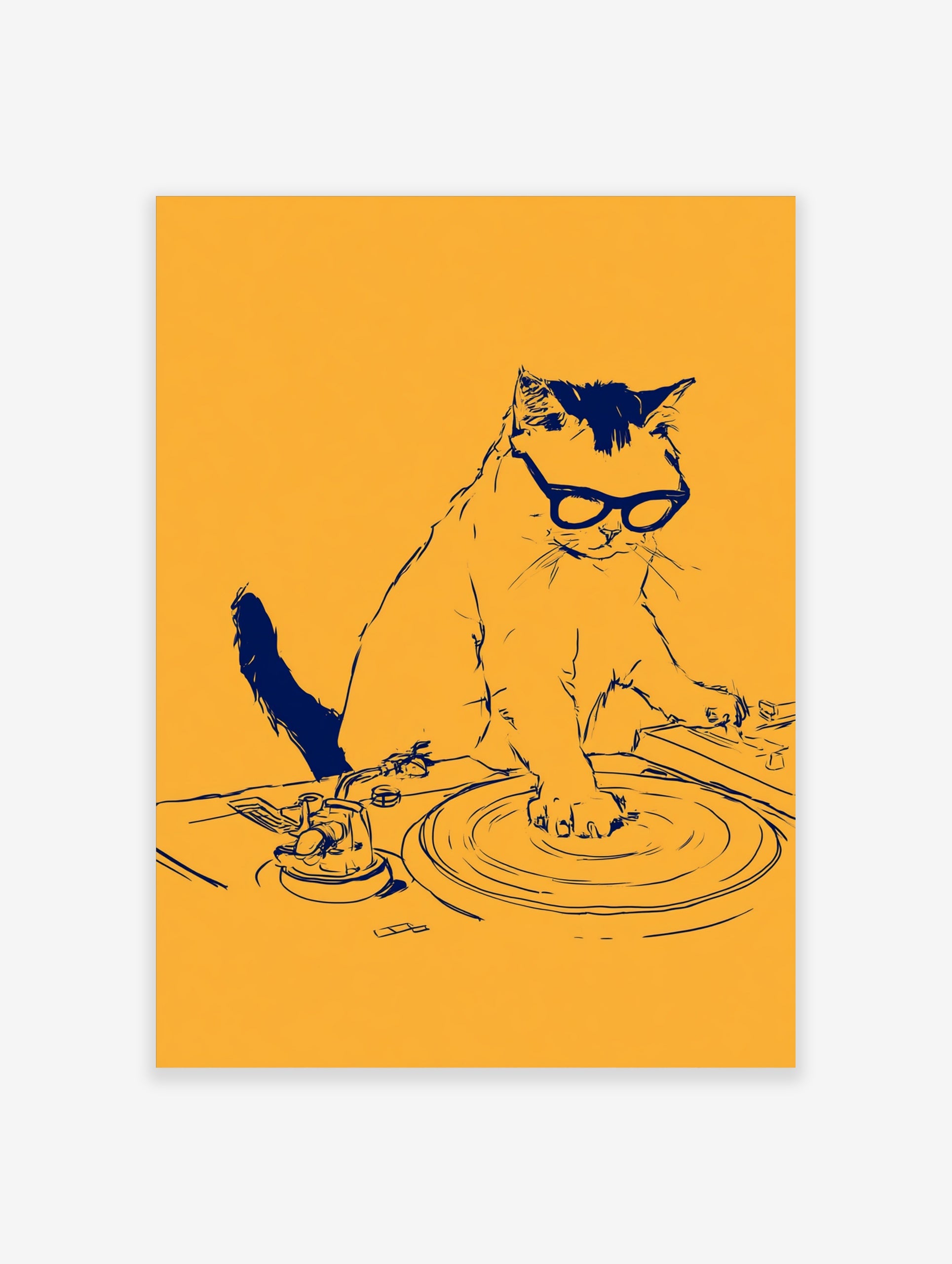 Stylised blue line illustration of a cat wearing glasses DJing on turntables against a solid yellow background