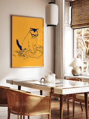 Stylised blue line illustration of a cat wearing glasses DJing on turntables against a solid yellow, in a styled room mockup