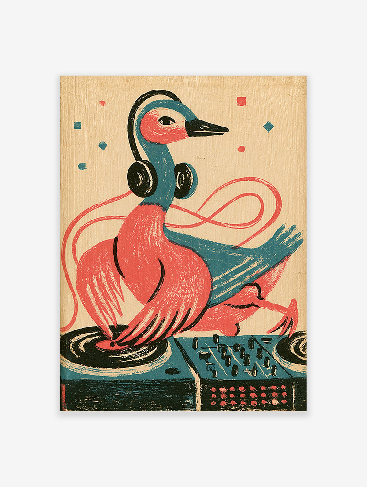 Colourful DJ flamingo poster with headphones and record deck, retro music wall art print