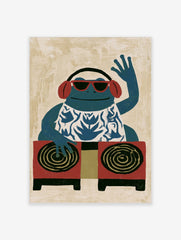 Illustrative blue frog DJ art print wearing red sunglasses and headphones