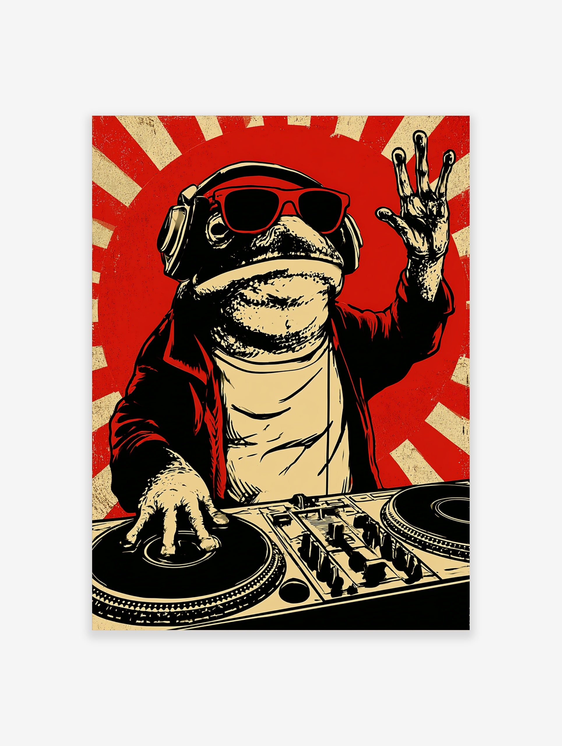 DJ frog wall art print featuring a toad with sunglasses and headphones at a mixing deck on a red sunburst background
