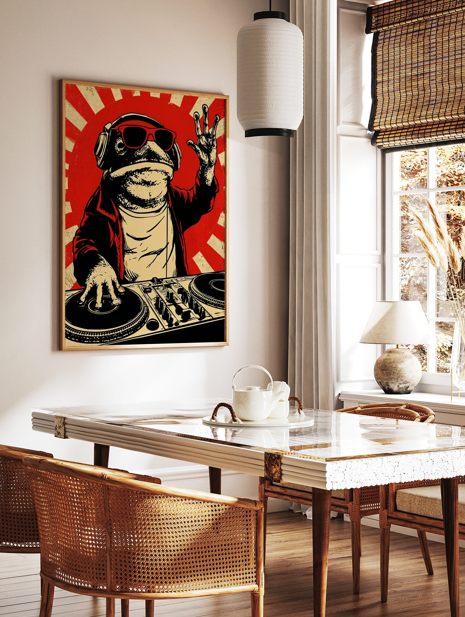 DJ frog wall art print featuring a toad with sunglasses and headphones at a mixing deck on a red, in a styled room mockup