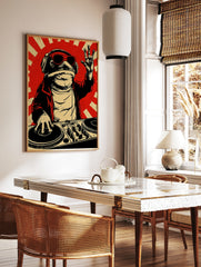 DJ frog wall art print featuring a toad with sunglasses and headphones at a mixing deck on a red, in a styled room mockup