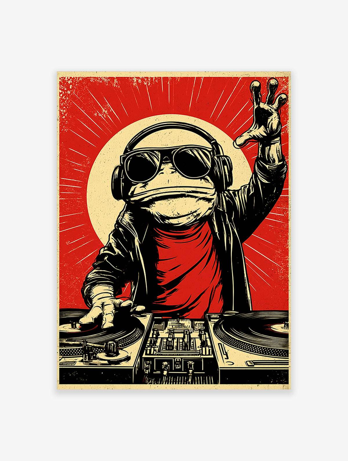 Illustrative DJ frog wearing headphones and sunglasses at a turntable, red background, retro music poster art print