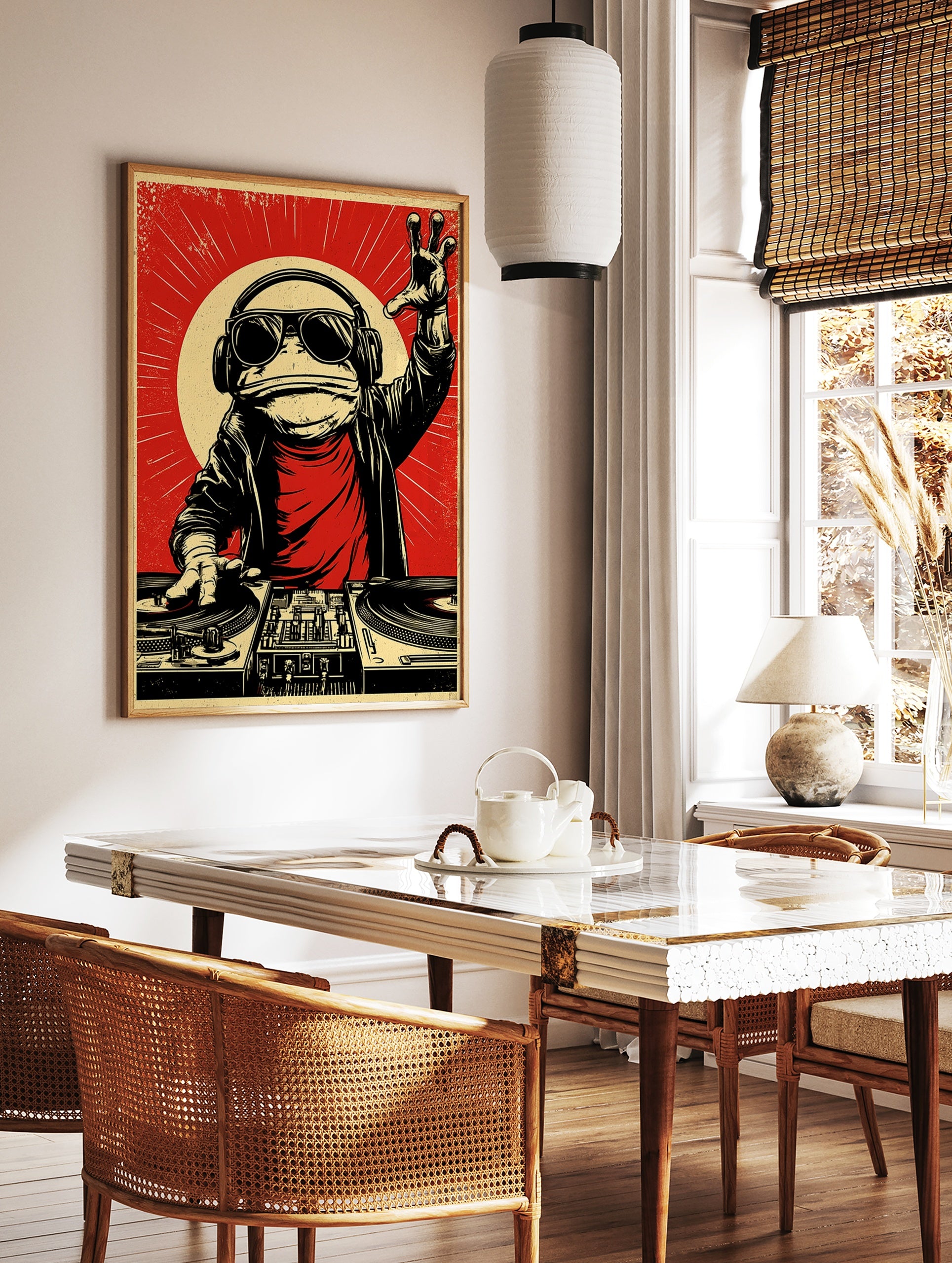 Illustrative DJ frog wearing headphones and sunglasses at a turntable, red background, retro music, in a styled room mockup