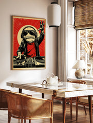 Illustrative DJ frog wearing headphones and sunglasses at a turntable, red background, retro music, in a styled room mockup