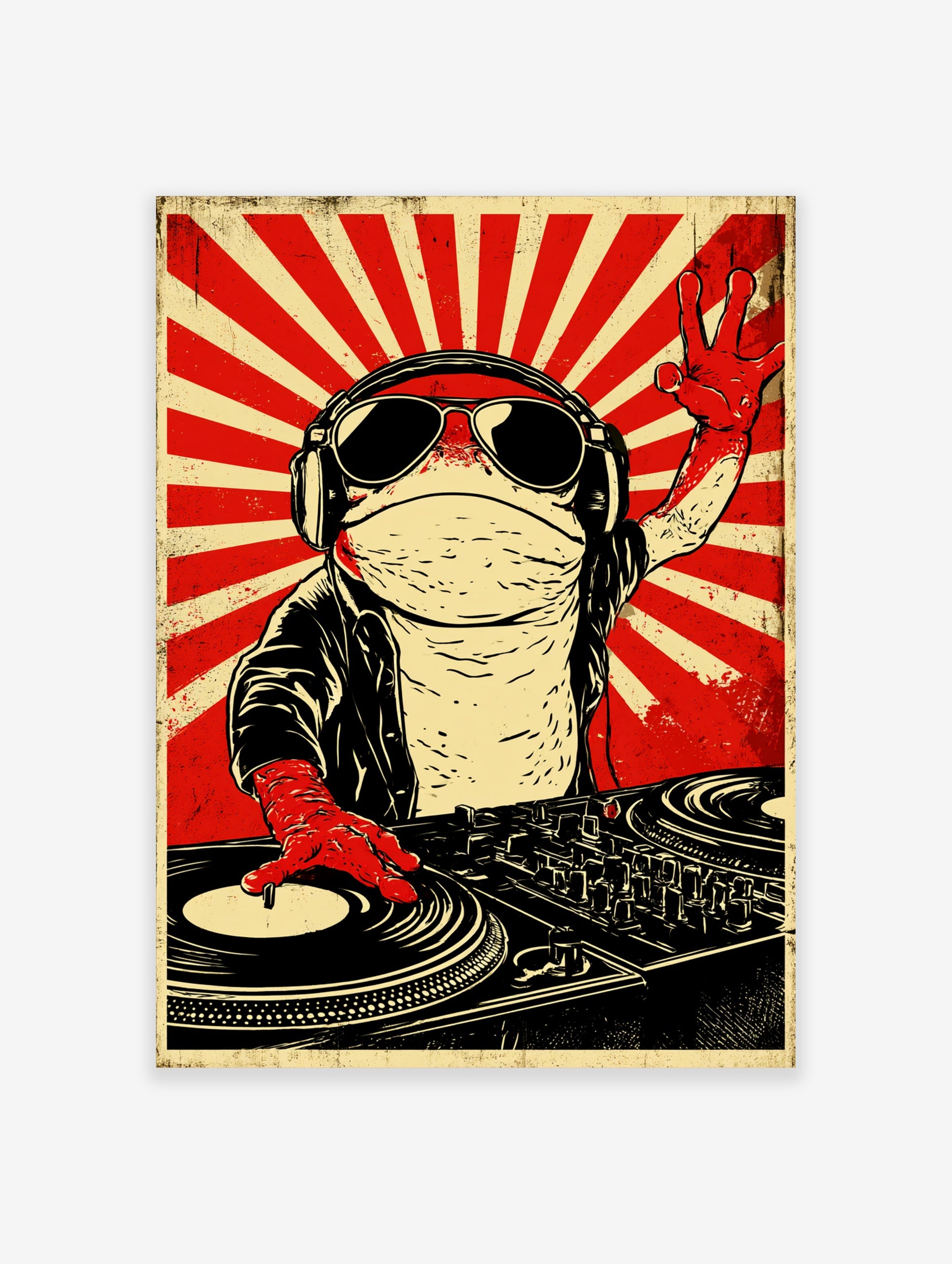 DJ frog illustration wearing sunglasses and headphones, posing at a turntable against a retro red sunburst background