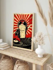 DJ frog illustration wearing sunglasses and headphones, posing at a turntable against a retro, in an alternate framed mockup