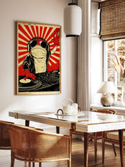 DJ frog illustration wearing sunglasses and headphones, posing at a turntable against a retro red, in a styled room mockup
