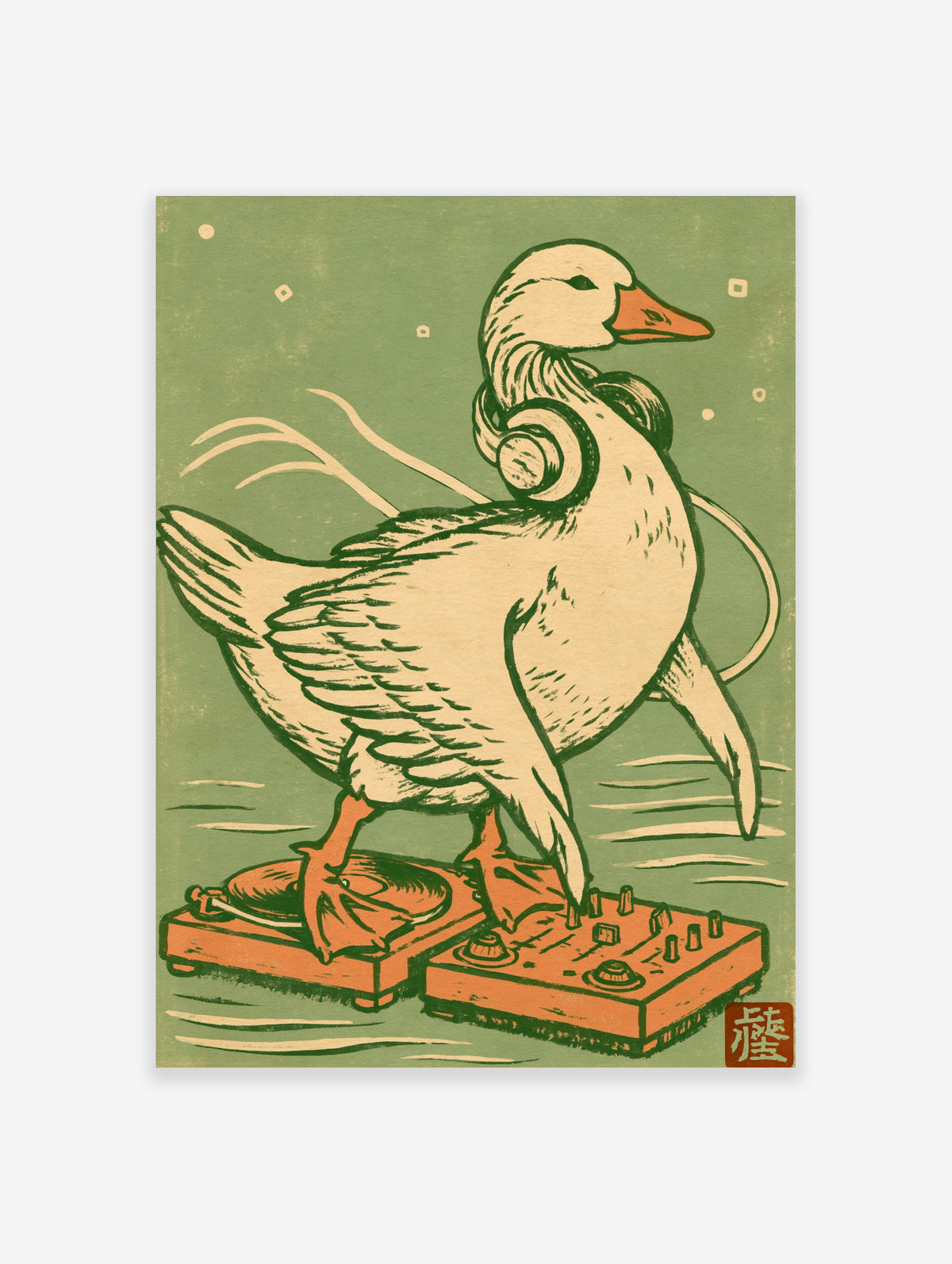 Retro DJ goose poster with headphones standing on orange turntables and mixer on sage green background