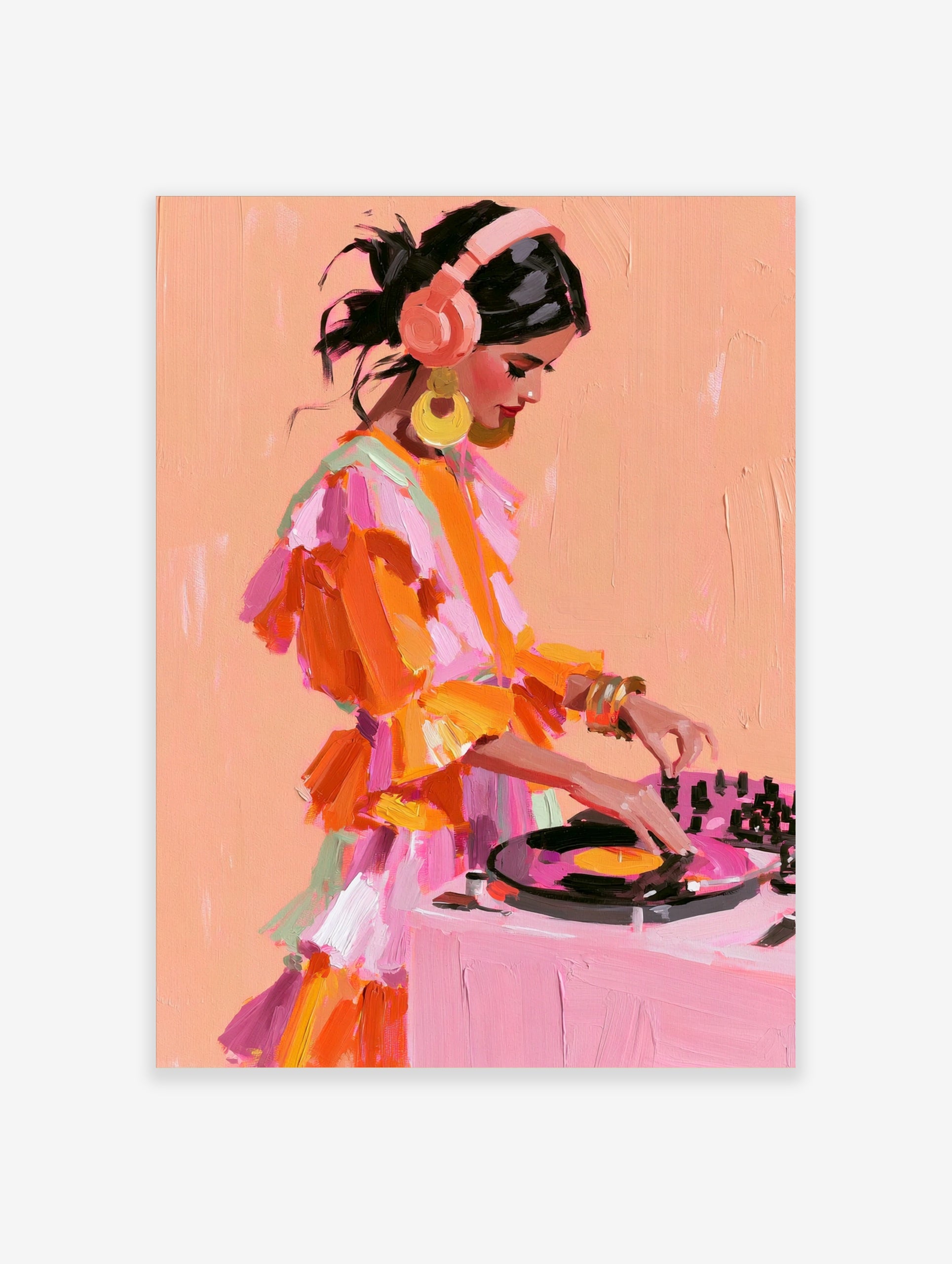 Painterly illustration of a female DJ with headphones and a ruffled orange dress working at a turntable