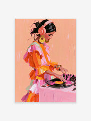 Painterly illustration of a female DJ with headphones and a ruffled orange dress working at a turntable