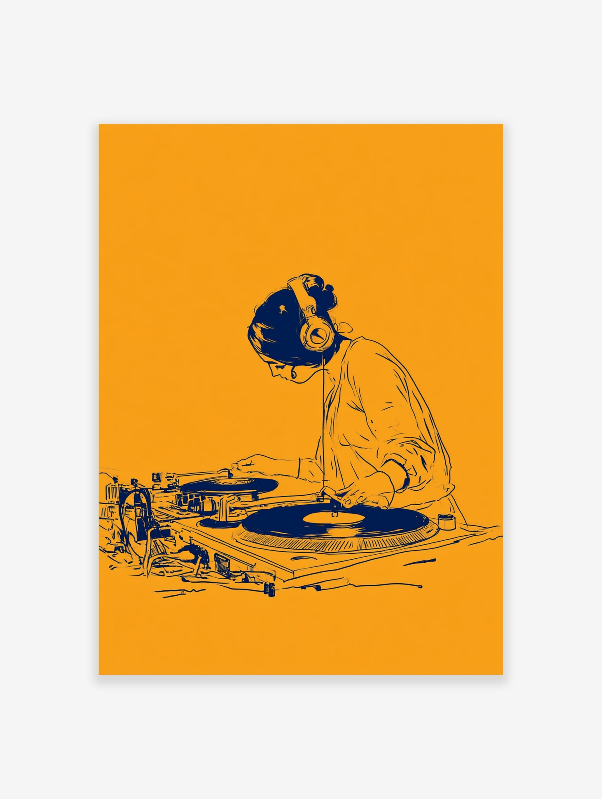 Illustrative orange and blue DJ wall art print featuring a person mixing on turntables with headphones