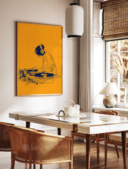 Illustrative orange and blue DJ wall art print featuring a person mixing on turntables with, in a styled room mockup