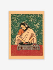 Illustrative DJ Jesus poster in Indian attire with headphones mixing on a turntable against a green leaf pattern background.