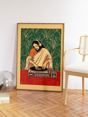 Illustrative DJ Jesus poster in Indian attire with headphones mixing on a turntable against a green leaf pattern background. - Image 2