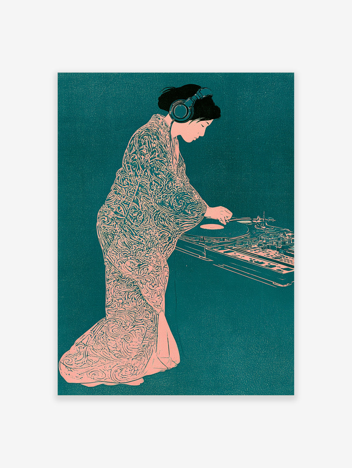 Illustration of a woman in a patterned kimono and headphones mixing on a turntable in a teal and peach colour scheme