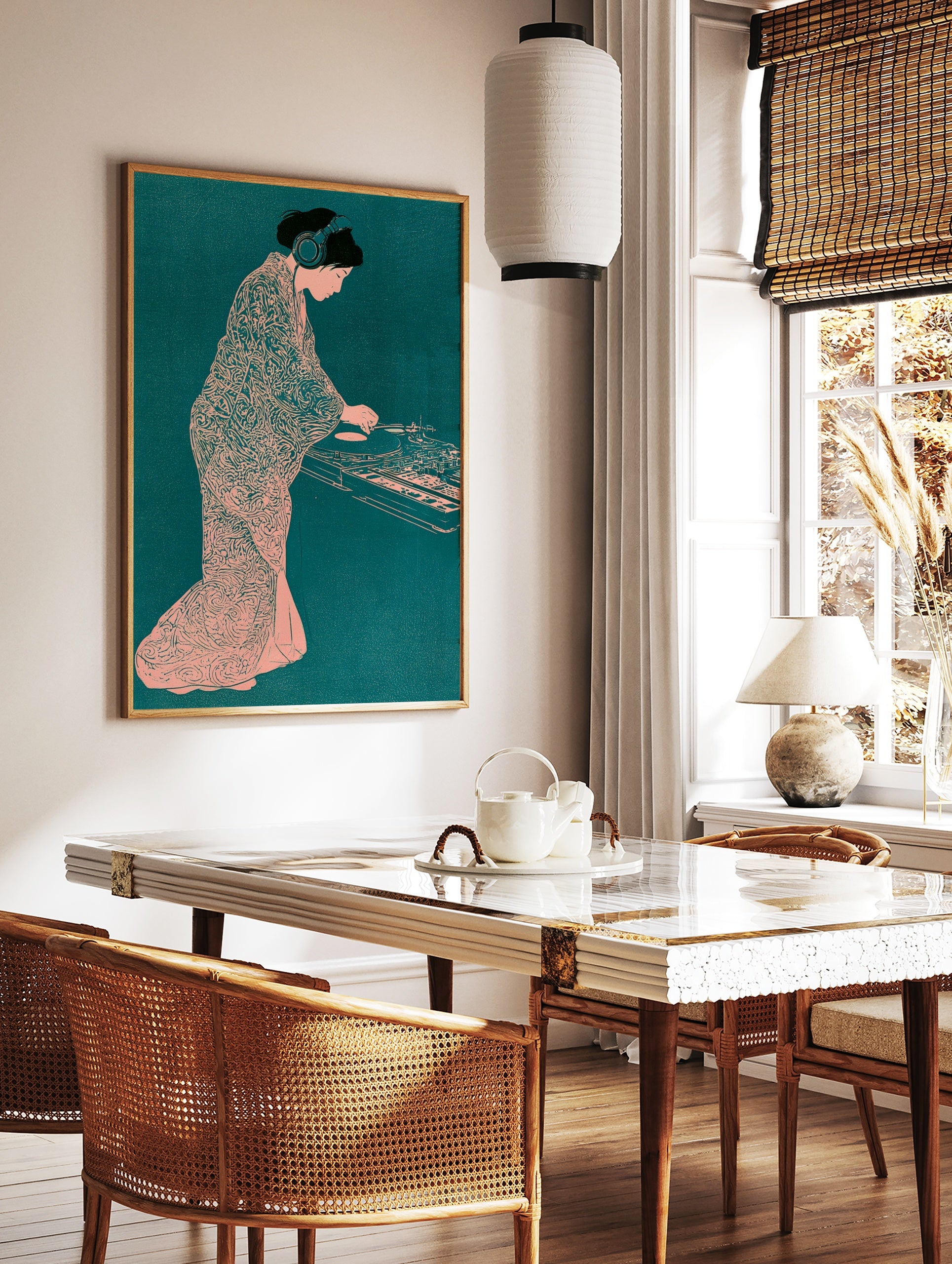 Illustration of a woman in a patterned kimono and headphones mixing on a turntable in a teal and, in a styled room mockup