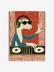 DJ lizard wearing headphones and sunglasses, playing a turntable, illustrative art print on a red background