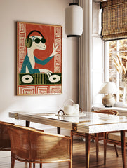 DJ lizard wearing headphones and sunglasses, playing a turntable, illustrative art print on a red, in a styled room mockup