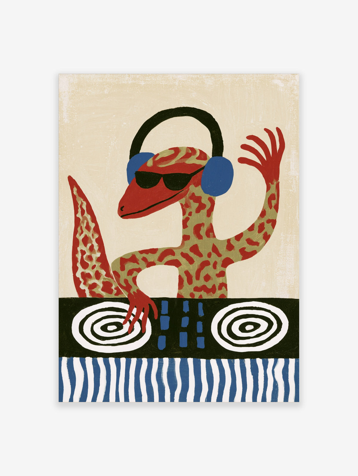 A red gecko DJ wearing headphones and sunglasses at a turntable, illustrative wall art print on a neutral background