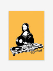 DJ Mona Lisa illustration with headphones and turntable, black and white art print on a solid yellow background