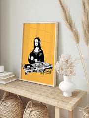 DJ Mona Lisa illustration with headphones and turntable, black and white art print on a solid, in an alternate framed mockup