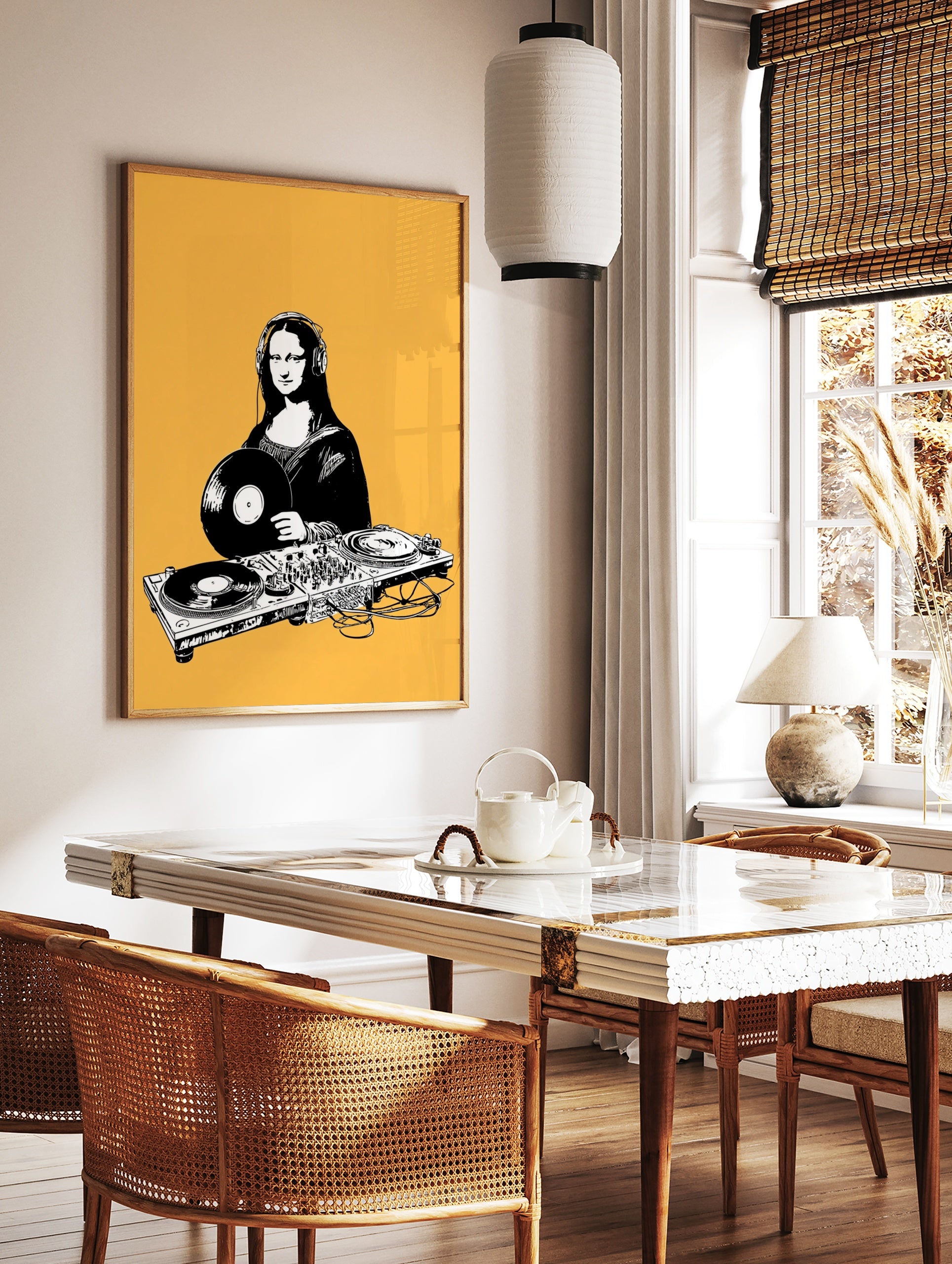 DJ Mona Lisa illustration with headphones and turntable, black and white art print on a solid, in a styled room mockup