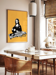 DJ Mona Lisa illustration with headphones and turntable, black and white art print on a solid, in a styled room mockup