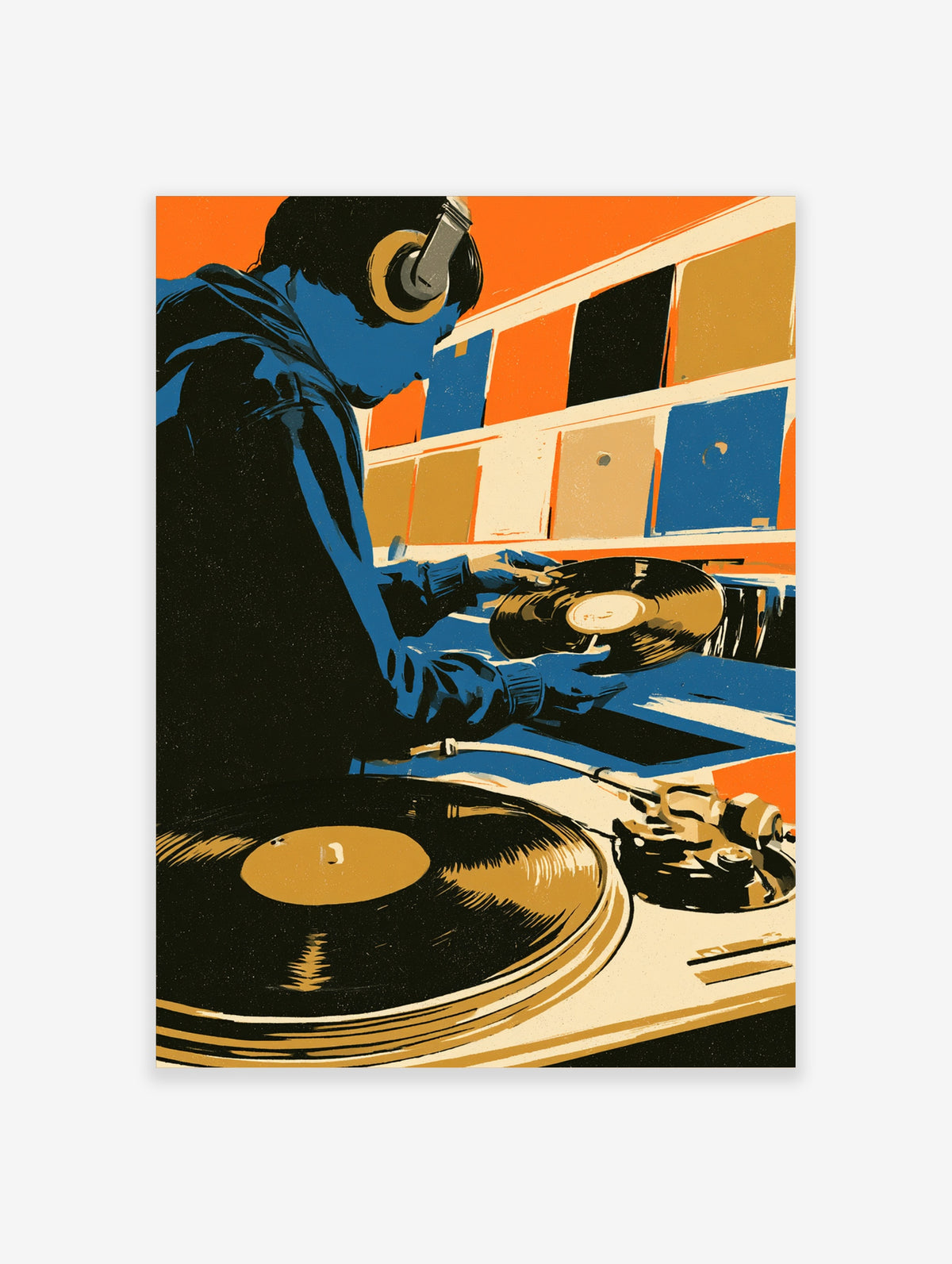 DJ in profile with headphones adjusting a vinyl record on a turntable, blue figure and gold records against orange panels